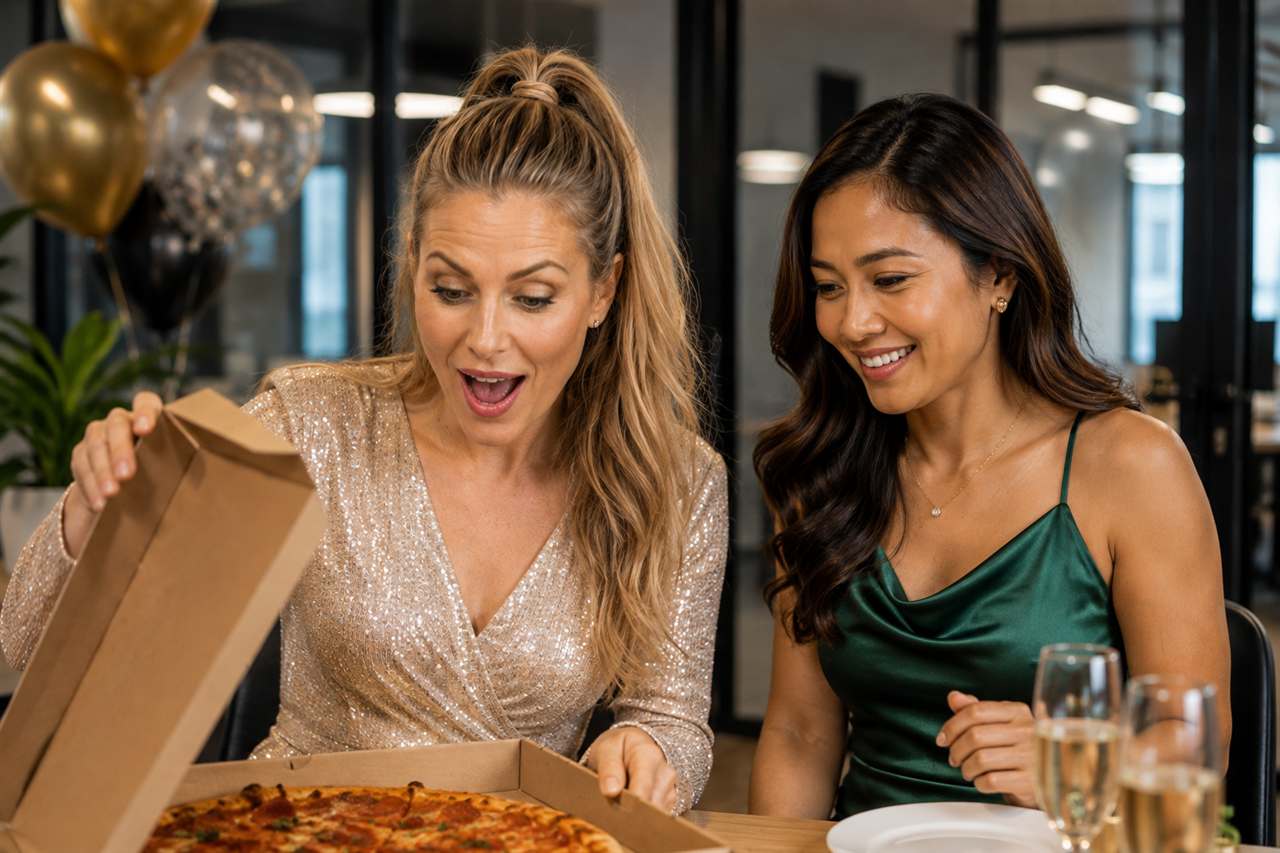 Amelia and Anna opening the pizza