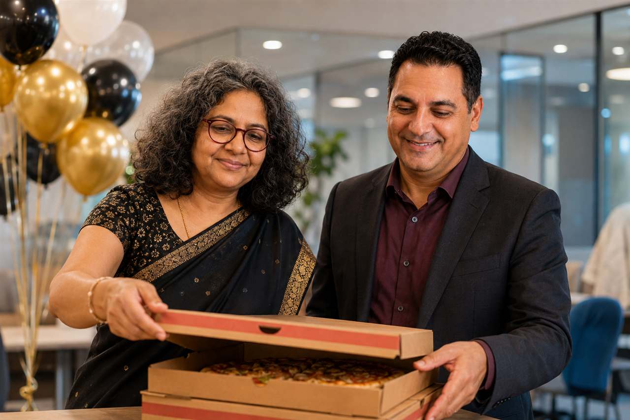 Dr Meera and Sanjay opening the pizza
