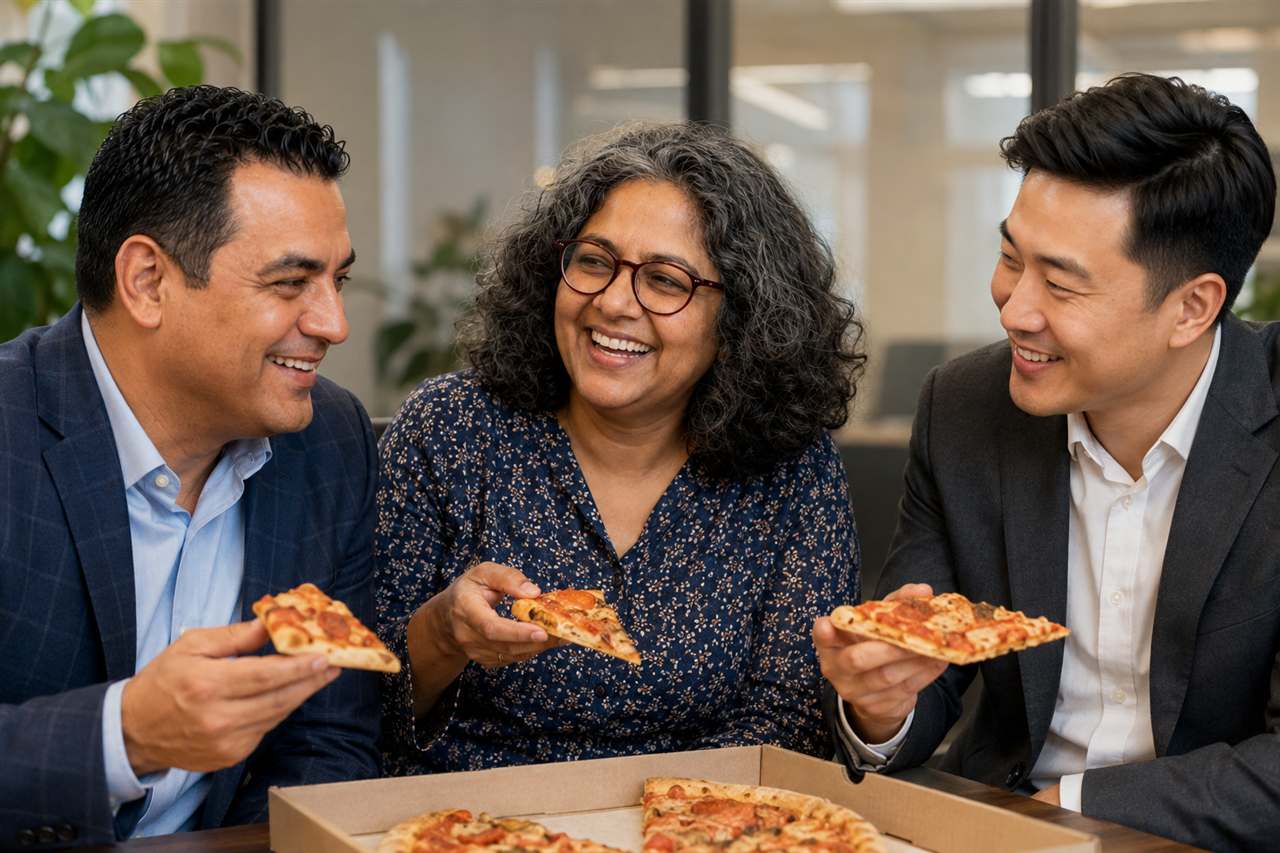 Dr Meera sharing pizza with colleagues