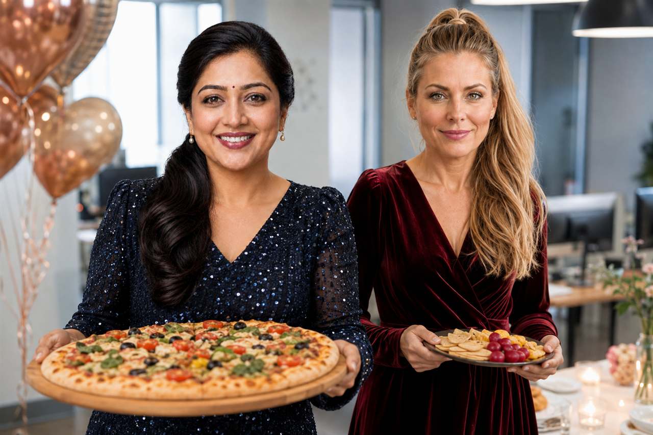Rutuja bringing pizza to the table