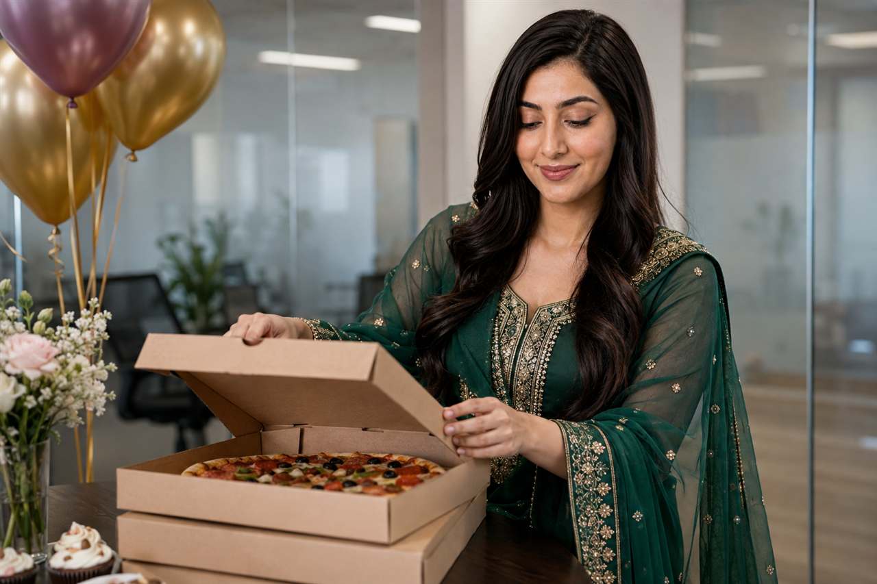 Simran opening the birthday pizza